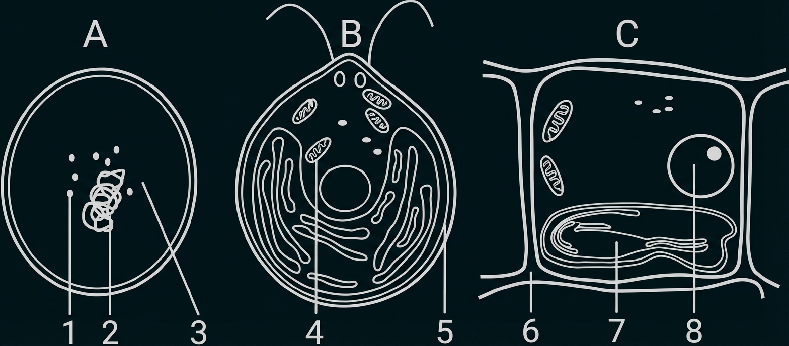 Schematische Darstellung: A Bakterienzelle, B tierische Zelle mit Organellen, C Pflanzenzelle mit Zellwand und Vakuole